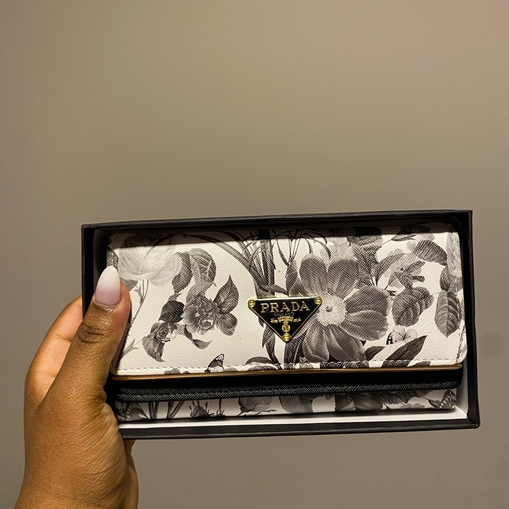 Prada Black and White Key Card Holder Floral Design